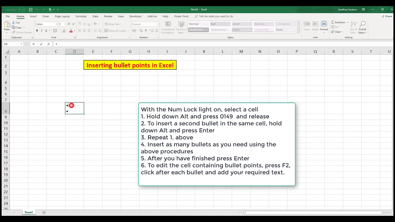 how to add bullets in excel for mac